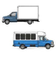 Image of a blue box truck and blue bus