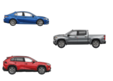 Image of a blue and red car and grey truck