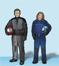 Image of a man and a women dressed in motorcycle clothing