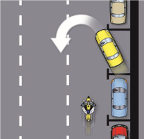 Image of a parked car pulling away from the curb not watching for the motorcycle