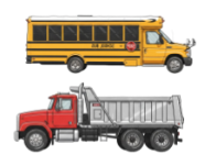 Image of yellow school bus and red dump truck