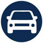 Icon of the front of a car with a blue circle around it.